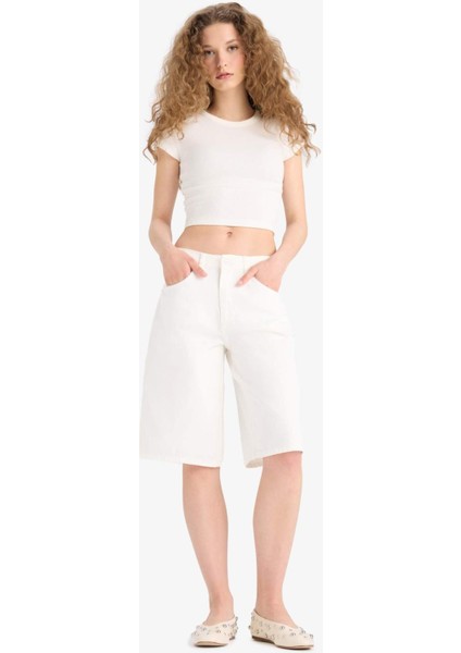Yüksek Bel Beyaz Jean Bermuda Şort