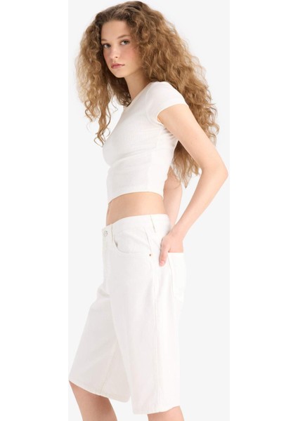 Yüksek Bel Beyaz Jean Bermuda Şort