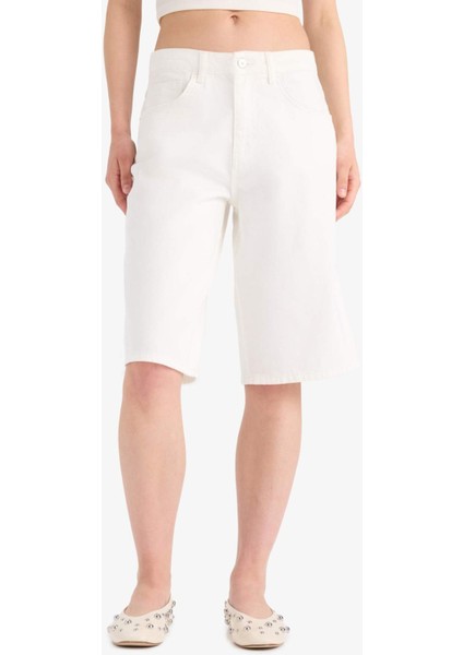 Yüksek Bel Beyaz Jean Bermuda Şort