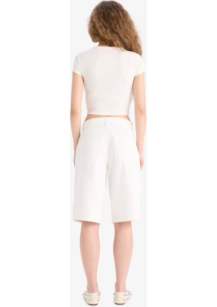 Yüksek Bel Beyaz Jean Bermuda Şort