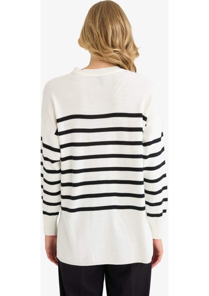 Relax Fit Çizgili Bisiklet Yaka Triko Kazak Tunik S7517AZ25WN