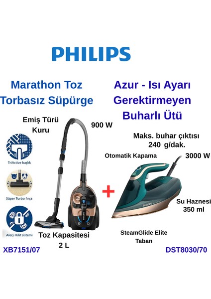 XB7151/07 Marathon Toz Torbasız Süpürge+Philps DST8030/70 Isı Ayarı Gerektirmiyen Azur Ütü