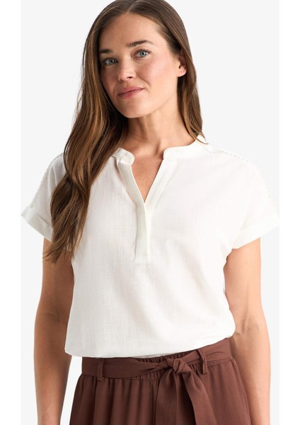 Regular Fit Apaş Yaka Flamlı Pamuk Kısa Kollu Bluz F1635AX25SM