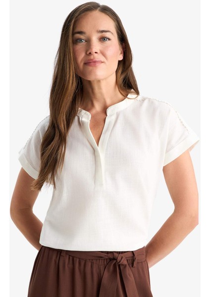 Regular Fit Apaş Yaka Flamlı Pamuk Kısa Kollu Bluz F1635AX25SM