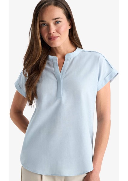 Regular Fit Apaş Yaka Flamlı Pamuk Kısa Kollu Bluz F1635AX25SM