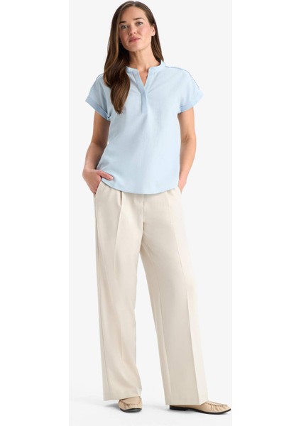 Regular Fit Apaş Yaka Flamlı Pamuk Kısa Kollu Bluz F1635AX25SM