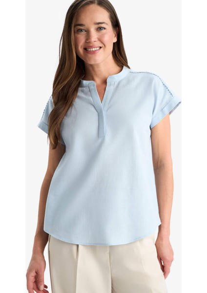 Regular Fit Apaş Yaka Flamlı Pamuk Kısa Kollu Bluz F1635AX25SM