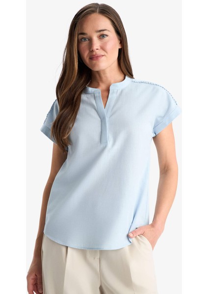 Regular Fit Apaş Yaka Flamlı Pamuk Kısa Kollu Bluz F1635AX25SM