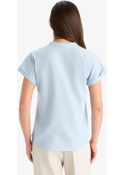 Regular Fit Apaş Yaka Flamlı Pamuk Kısa Kollu Bluz F1635AX25SM