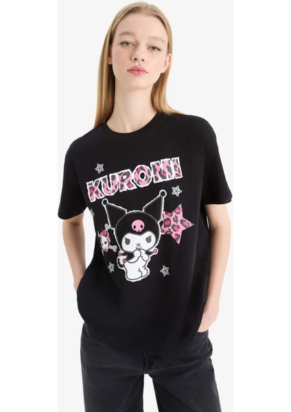 Kuromi Oversize Geniş Kalıp Bisiklet Yaka Kısa Kollu Tişört F1949AX25SM