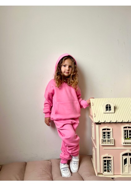 Erkek / Kız Çocuk Eşofman Takımı Kanguru Cepli Kapüşonlu 3 Iplik Şardonlu