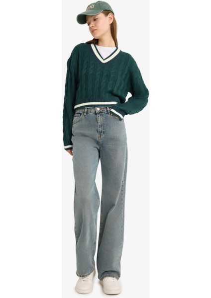 Coool Regular Fit V Yaka Saç Örgülü Triko Kazak C7321AX25WN