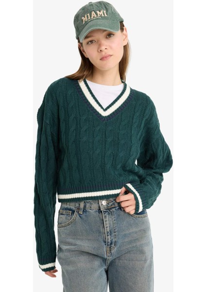 Coool Regular Fit V Yaka Saç Örgülü Triko Kazak C7321AX25WN