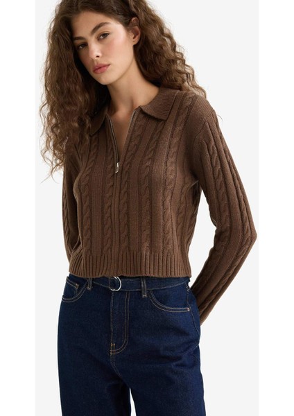 Regular Fit Polo Yaka Fermuarlı Triko Hırka