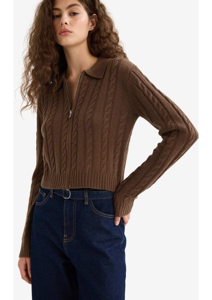 Regular Fit Polo Yaka Fermuarlı Triko Hırka