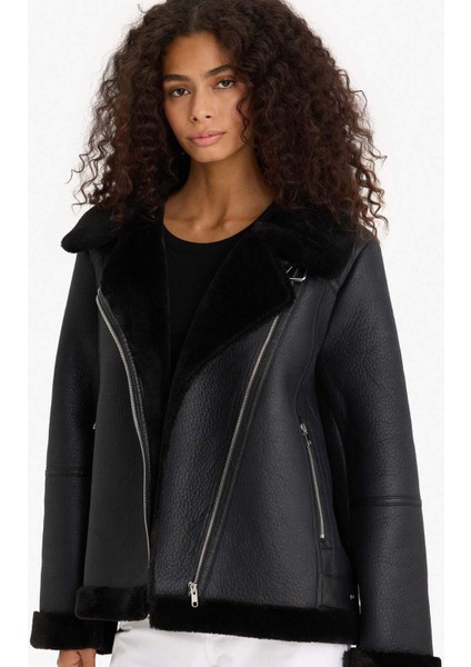 Regular Fit Suni Kürk Astarlı Fermuarlı Suni Deri Ceket Mont