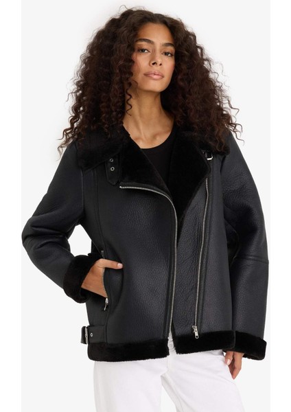 Regular Fit Suni Kürk Astarlı Fermuarlı Suni Deri Ceket Mont