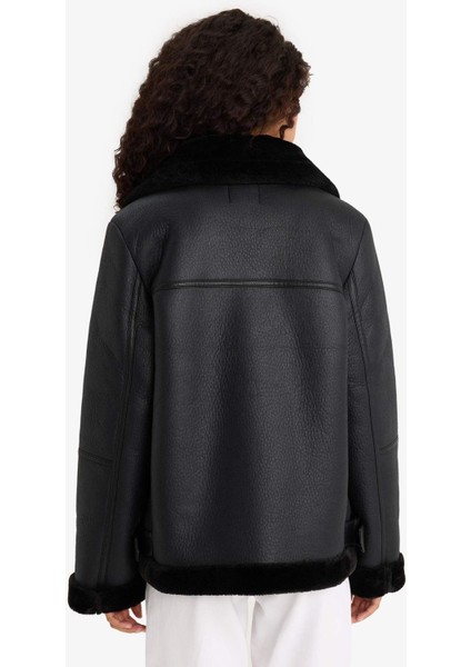 Regular Fit Suni Kürk Astarlı Fermuarlı Suni Deri Ceket Mont