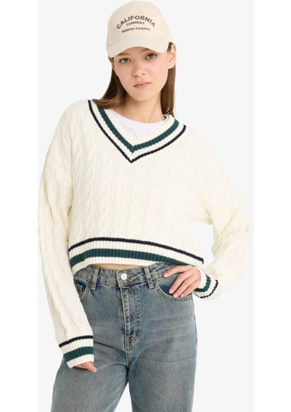 Coool Regular Fit V Yaka Saç Örgülü Triko Kazak C7321AX25WN