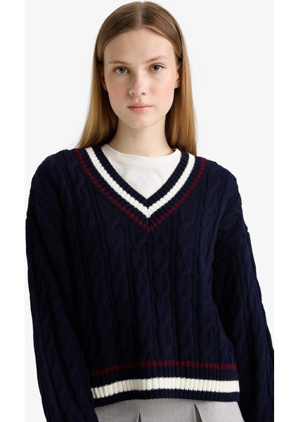 Coool Regular Fit V Yaka Saç Örgülü Triko Kazak C7321AX25WN