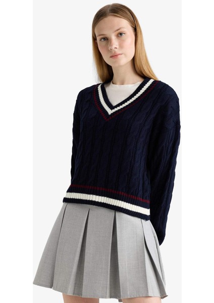 Coool Regular Fit V Yaka Saç Örgülü Triko Kazak C7321AX25WN