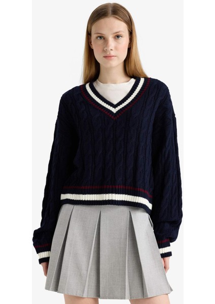 Coool Regular Fit V Yaka Saç Örgülü Triko Kazak C7321AX25WN