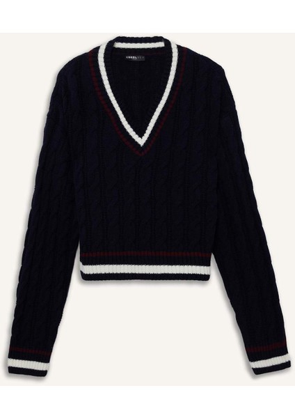 Coool Regular Fit V Yaka Saç Örgülü Triko Kazak C7321AX25WN