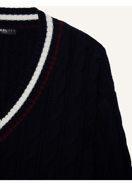 Coool Regular Fit V Yaka Saç Örgülü Triko Kazak C7321AX25WN