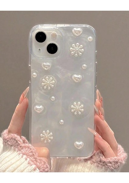 Iphone Uyumlu Kar Taneli İncili Kalpli Kılıf