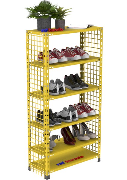 6 Katlı Renkli Tel Kafesli Çelik Ayakkabılık Rafı - SARI-31X75X150 cm