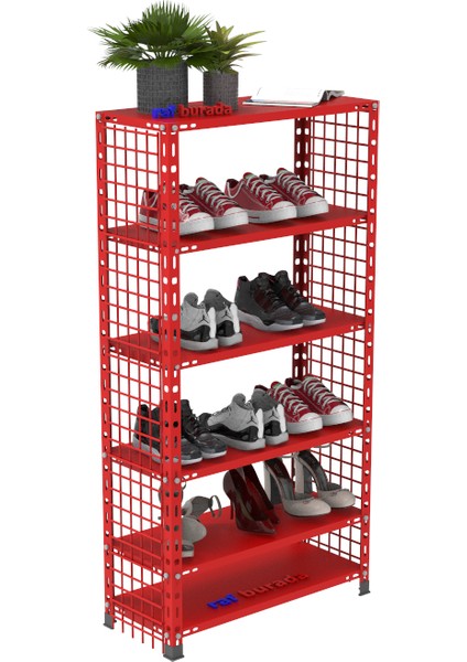 6 Katlı Renkli Tel Kafesli Çelik Ayakkabılık Rafı - KIRMIZI-31X75X150 cm