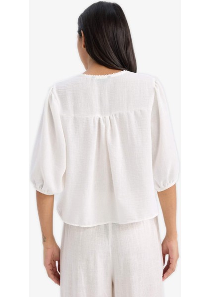 Relax Fit V Yaka Giperli Keten Görünümlü Kısa Kollu Gömlek