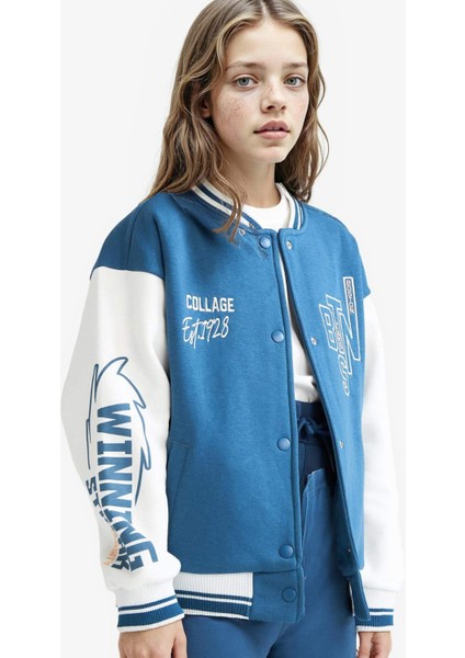 Kız Çocuk Kolej Yaka Baskılı Bomber Ceket