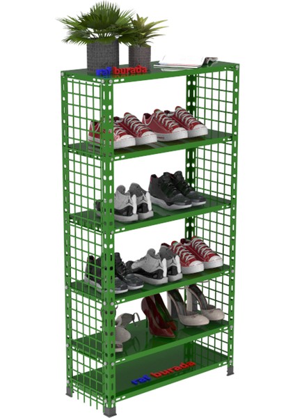 6 Katlı Renkli Tel Kafesli Çelik Ayakkabılık Rafı - YEŞIL-31X75X150 cm