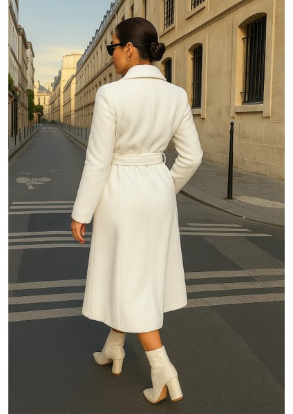 Kadın Trend Basic Uzun Kruvaze Beyaz Kaşe Kaban