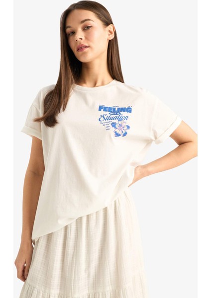 Oversize Geniş Kalıp Bisiklet Yaka Sırt Baskılı Kısa Kollu Tişört