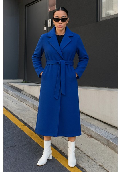 Kadın Kruvaze Premium Basic Uzun Mavi Kaşe Kaban