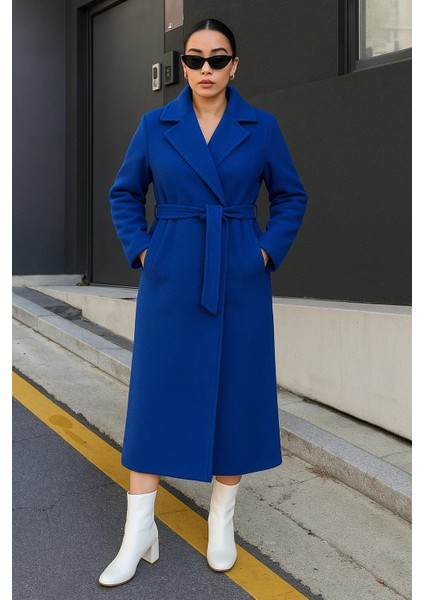 Kadın Kruvaze Premium Basic Uzun Mavi Kaşe Kaban fiyatları