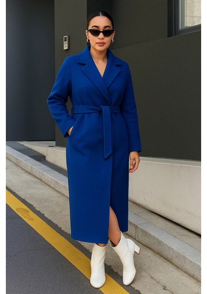 Kadın Kruvaze Premium Basic Uzun Mavi Kaşe Kaban modelleri