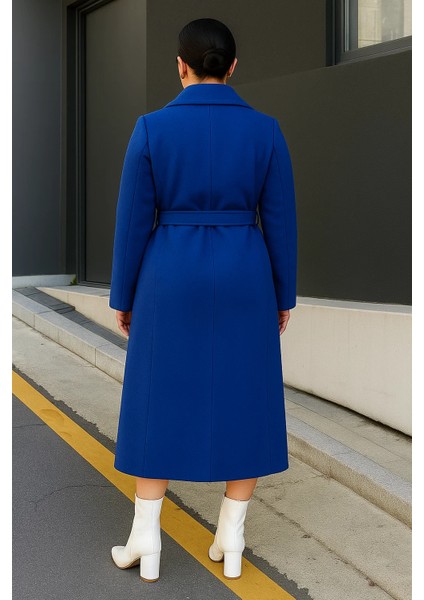 Kadın Kruvaze Premium Basic Uzun Mavi Kaşe Kaban indirimleri