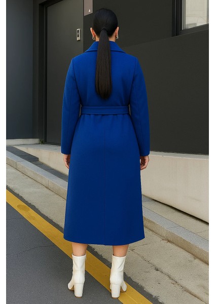 Kadın Kruvaze Premium Basic Uzun Mavi Kaşe Kaban