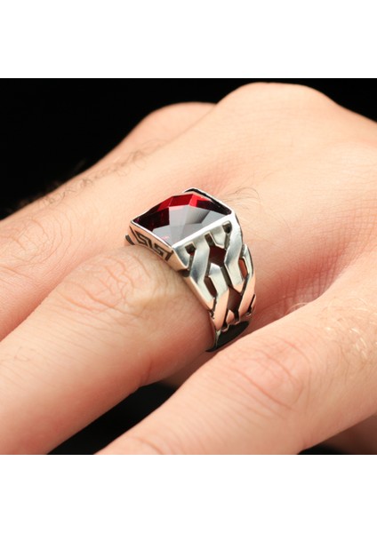 Zincir Tasarım Kırmızı Zirkon Taşlı 925 Ayar Gümüş Yüzük fiyatları