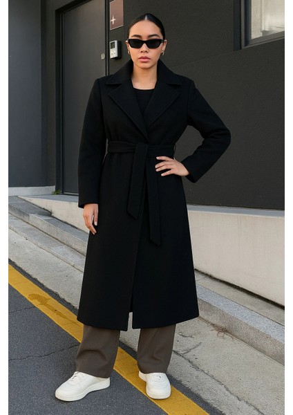 Kadın Kruvaze Premium Basic Uzun Siyah Kaşe Kaban