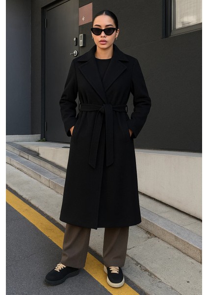 Kadın Kruvaze Premium Basic Uzun Siyah Kaşe Kaban fiyatları