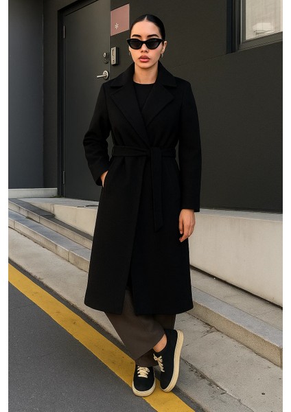 Kadın Kruvaze Premium Basic Uzun Siyah Kaşe Kaban modelleri