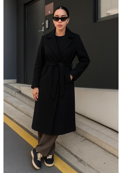 Kadın Kruvaze Premium Basic Uzun Siyah Kaşe Kaban fırsatları