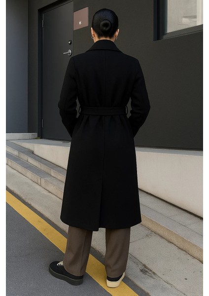 Kadın Kruvaze Premium Basic Uzun Siyah Kaşe Kaban indirimleri