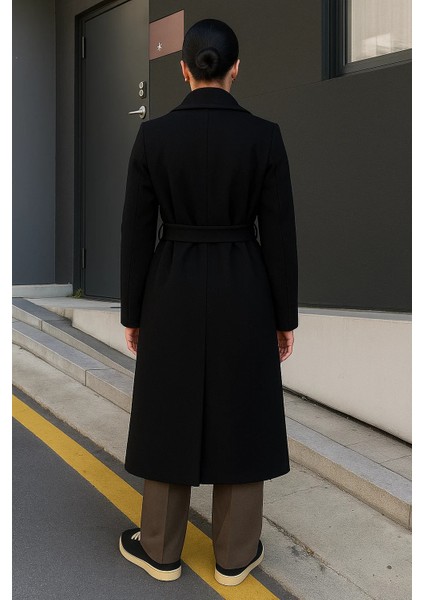 Kadın Kruvaze Premium Basic Uzun Siyah Kaşe Kaban