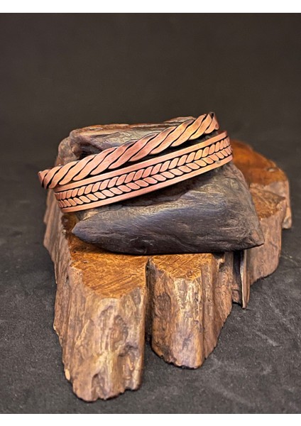 2 Li %100 Saf Bakır 2 Burgulu Desenli Bileklik Seti El Işi Bakır Bileklik Bakır Kelepçe Bileklik