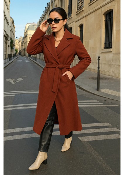 Kadın Trend Basic Uzun Kruvaze Kiremit Kaşe Kaban